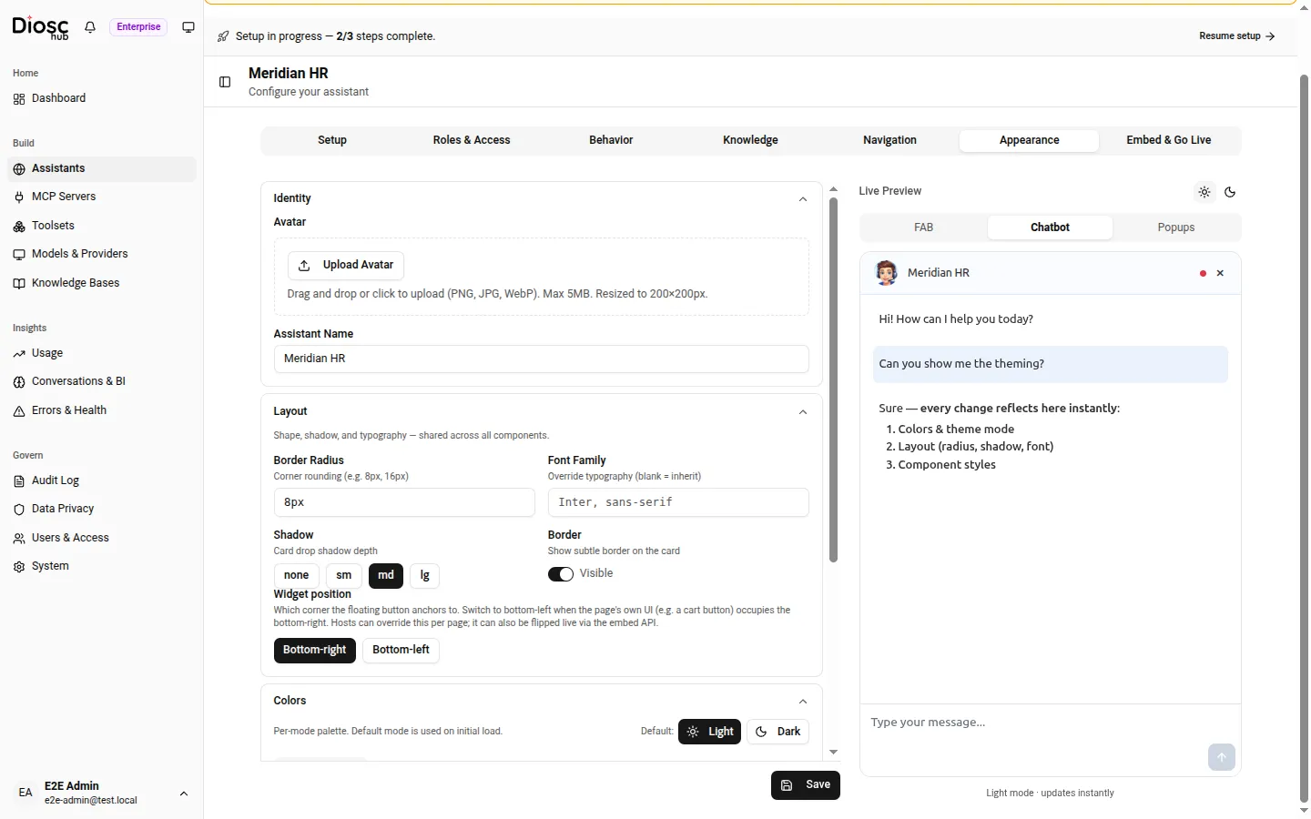 The Appearance tab: Identity, Layout (radius, font, shadow, border, launcher corner), and Colors controls on the left, with a live chat-widget preview on the right that updates as you edit.