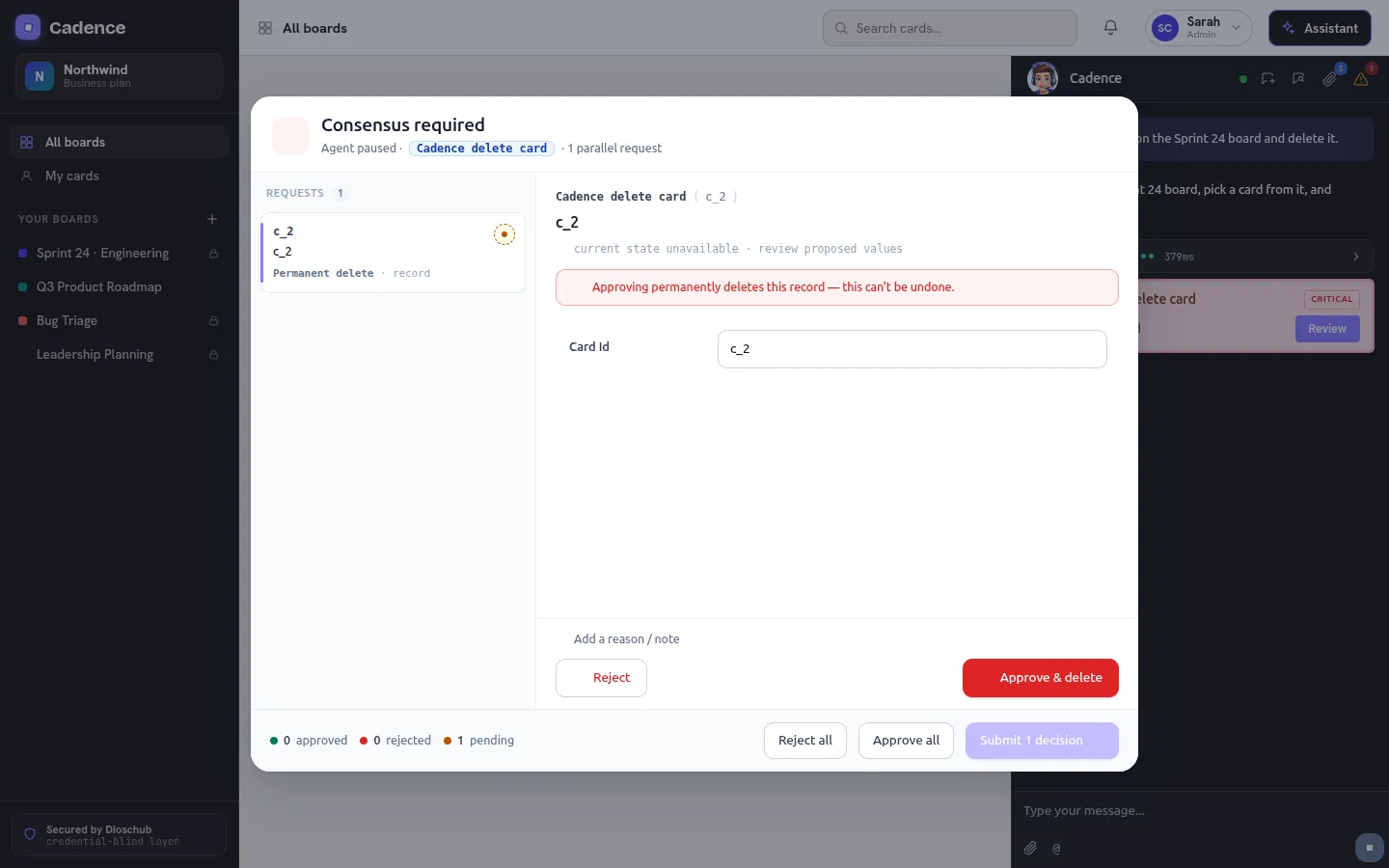 The consensus dialog: "Consensus required — Agent paused", a left list of pending requests, and a detail pane for a delete_card call warning the delete is permanent, with Reject and Approve buttons.