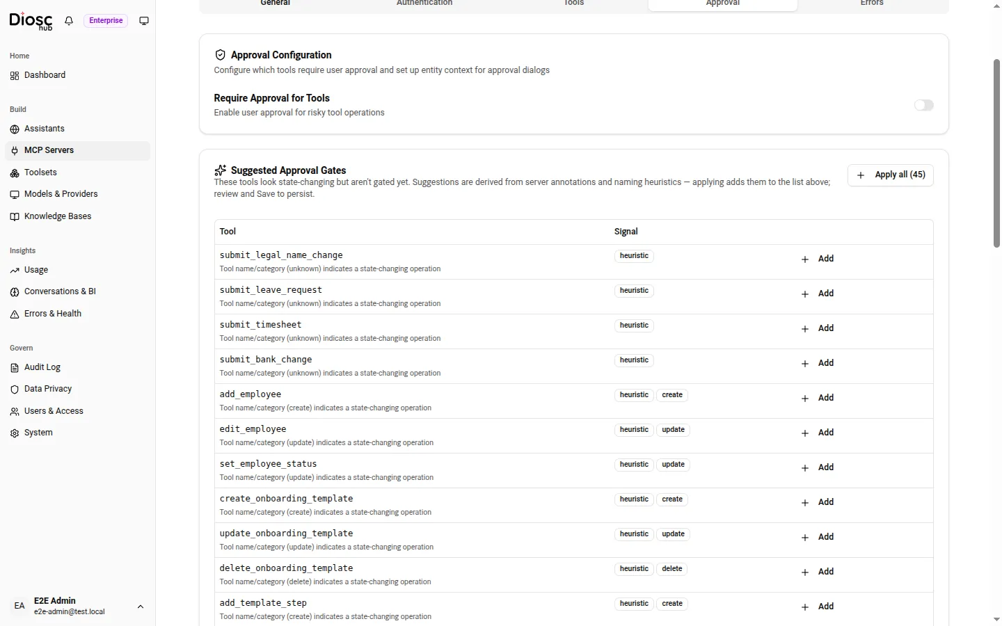 The Approval Configuration tab of an MCP instance: a "Require Approval for Tools" toggle and a Suggested Approval Gates list of state-changing tools.