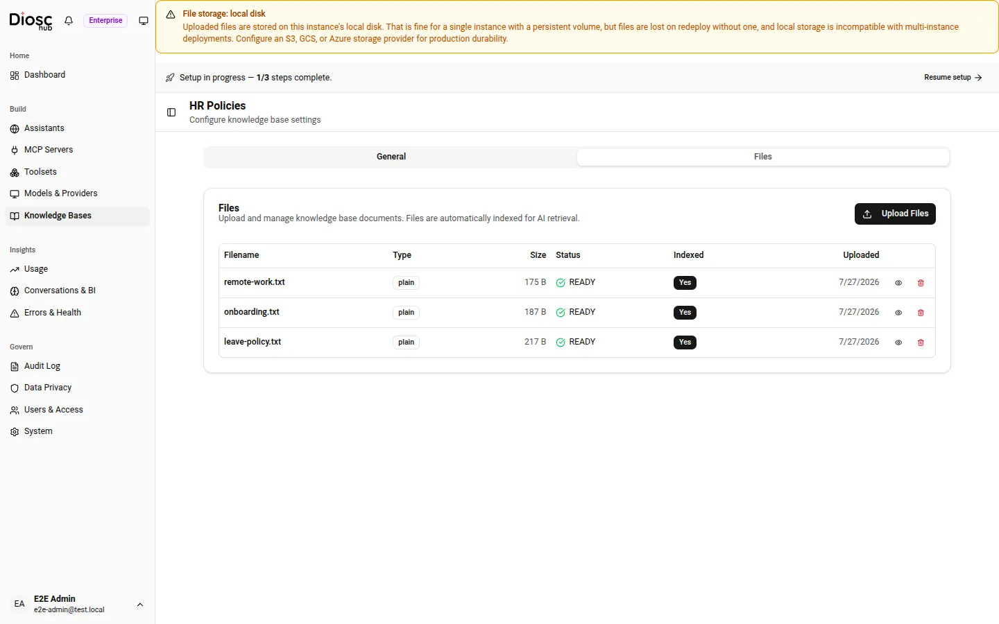 The Files tab of an "HR Policies" knowledge base listing three uploaded documents, each with a READY status and an "Indexed: Yes" column.