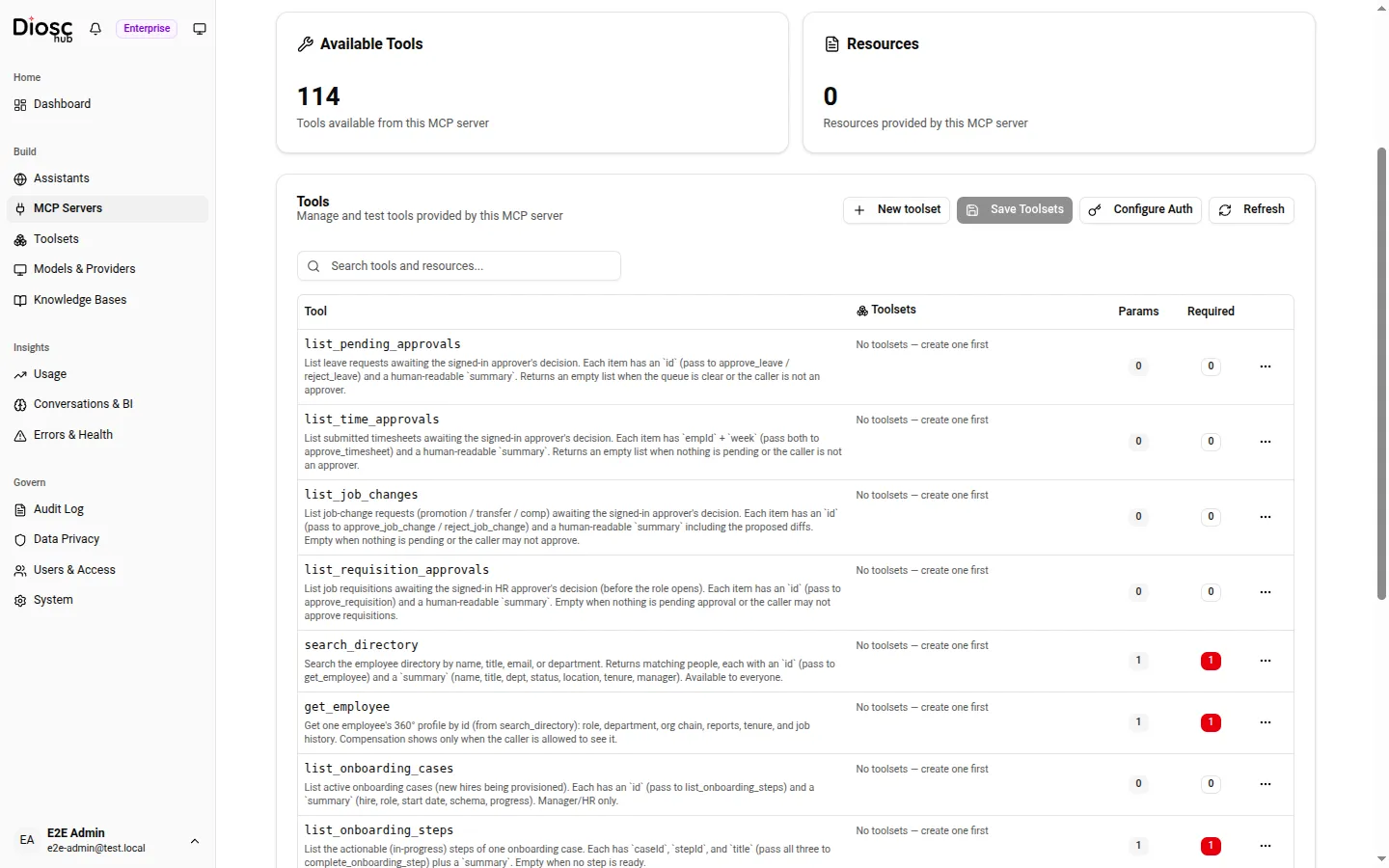 The Tools tab of an MCP instance showing 114 discovered tools, each with a per-tool Toolset assignment column, plus Refresh, New toolset, and Suggested toolsets controls.