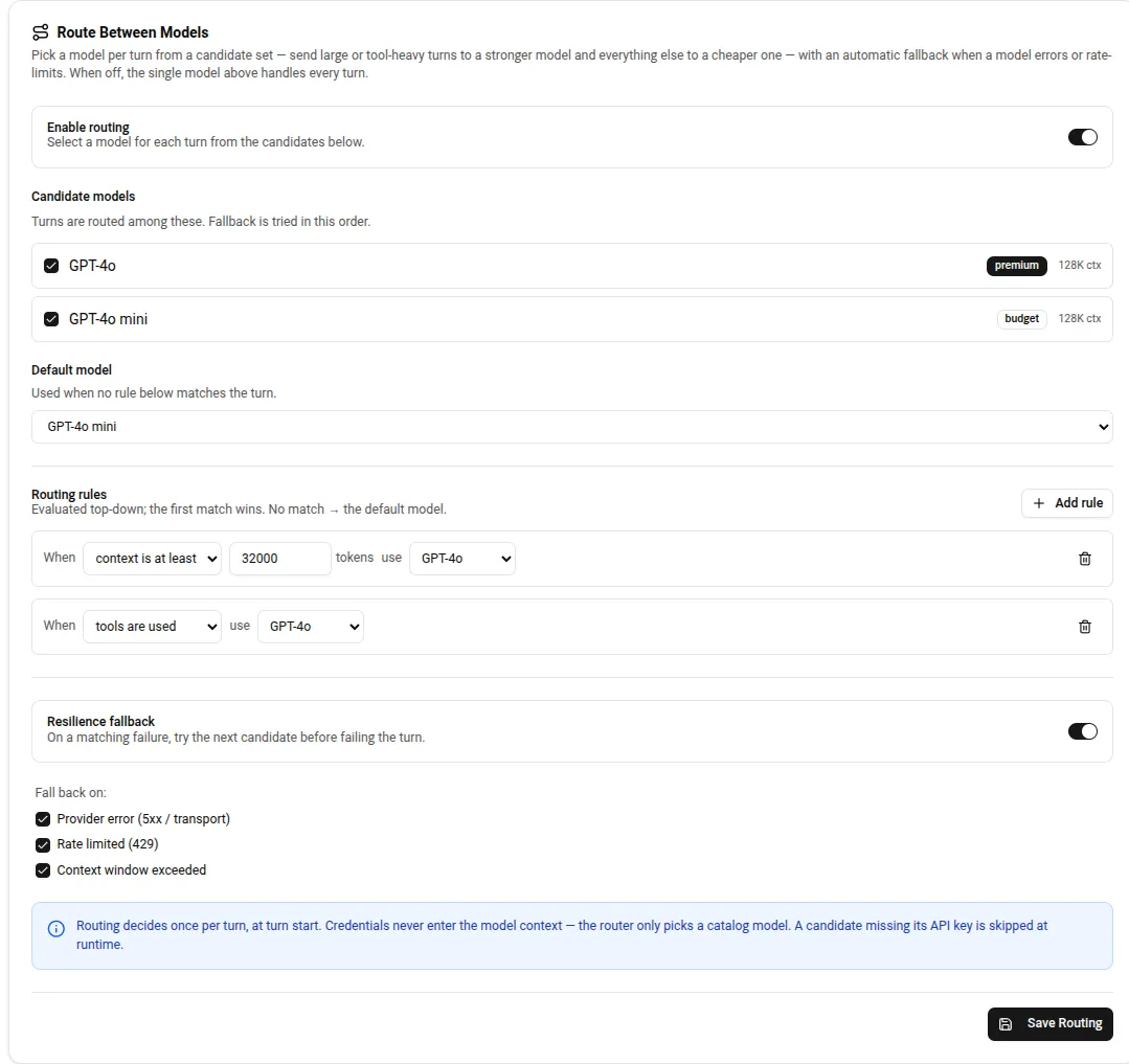 The "Route Between Models" card on an Assistant's Setup tab: routing enabled, two candidate models, a default model, size- and tools-based rules, and the resilience-fallback triggers.