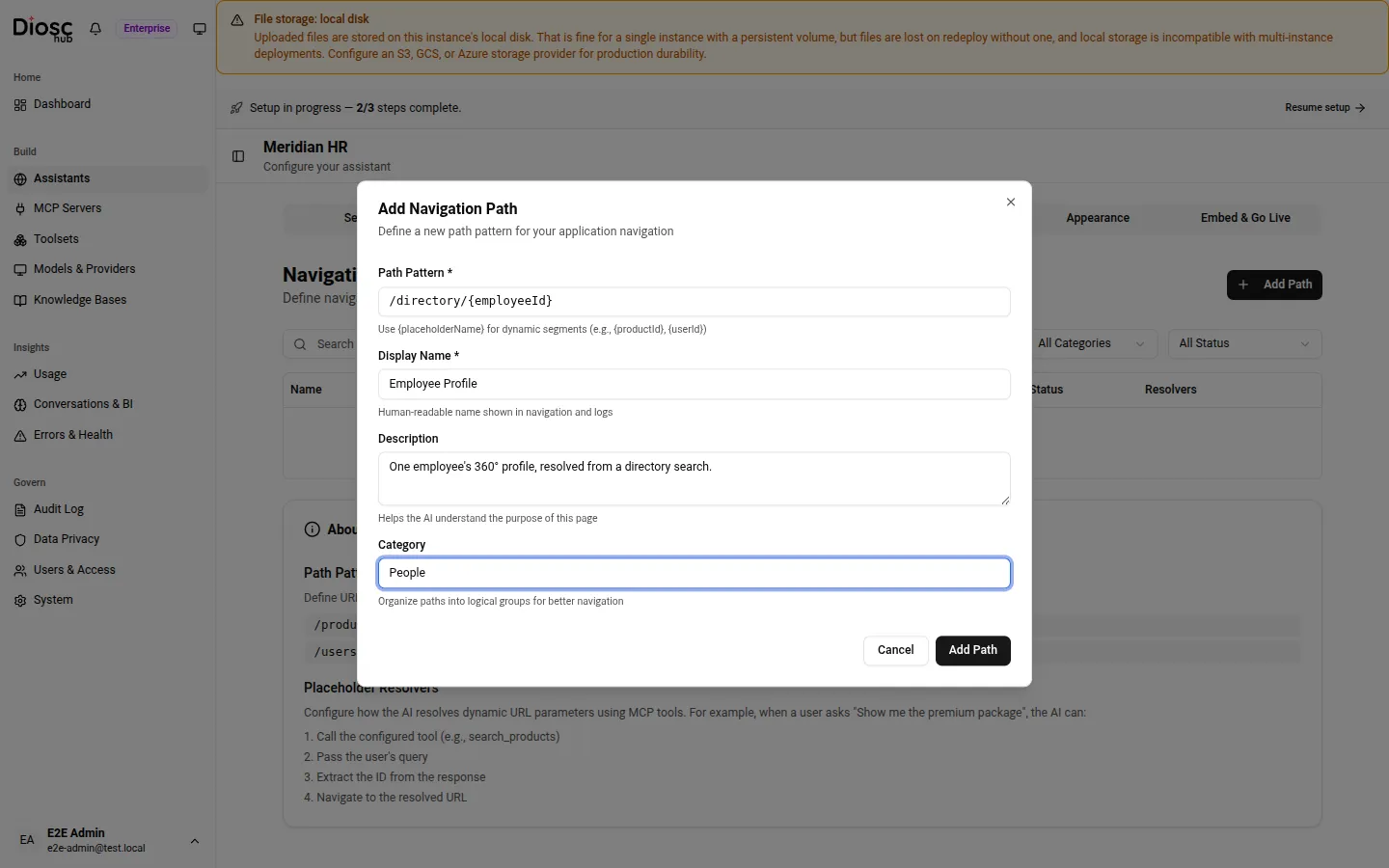 The Add Navigation Path dialog: Path Pattern (using a employeeId placeholder), Display Name, Description, and Category fields, with inline guidance on placeholder syntax.