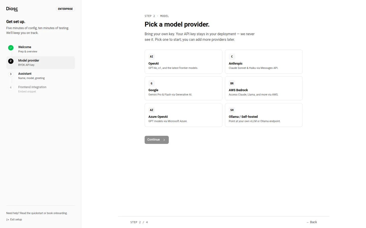 The "Pick a model provider." step with six provider cards, a selected OpenAI card, the masked API-key field, and the Test key button.