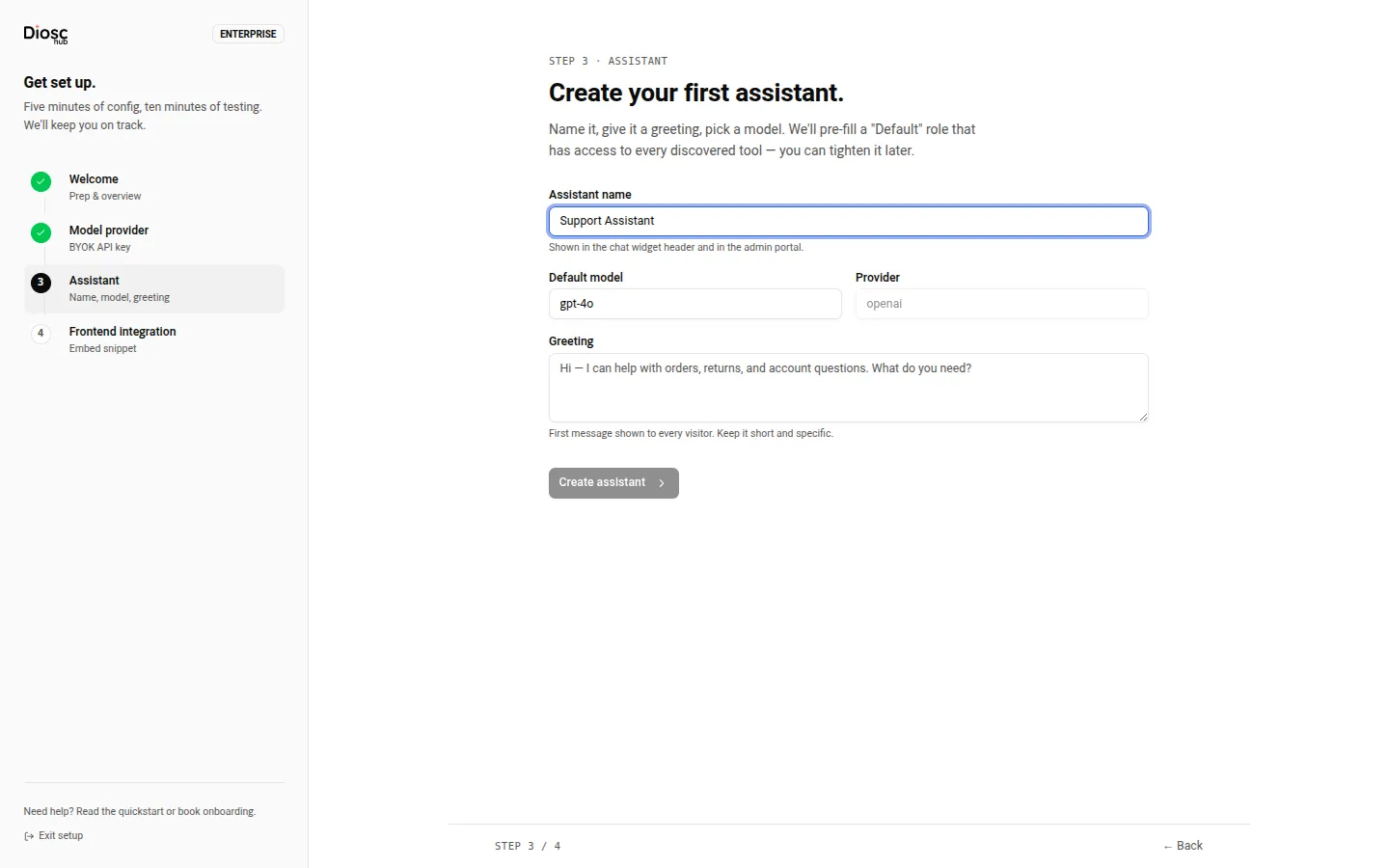The "Create your first assistant." step with the name field, the default-model and read-only provider pair, and the greeting textarea.