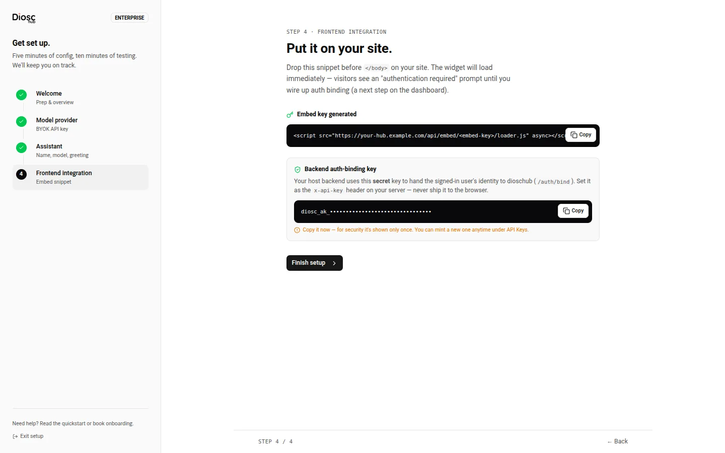 The "Put it on your site." step: a loader-script snippet with a Copy button, and below it the one-time backend auth-binding key with a copy-it-now warning.