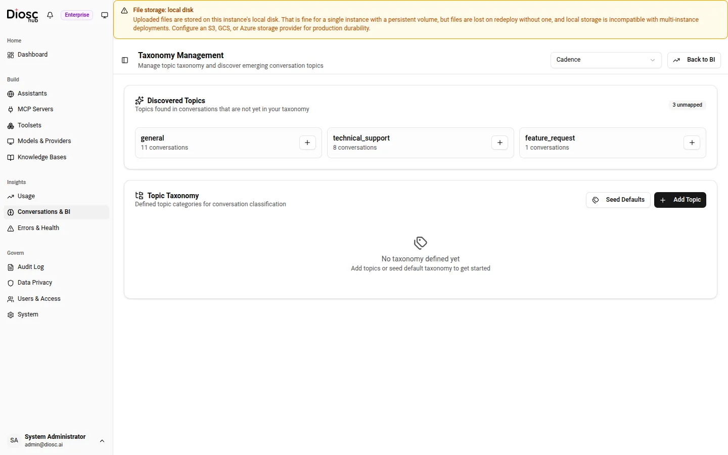 The Taxonomy Management page: a Discovered Topics card of AI-found topics above the editable Topic Taxonomy.