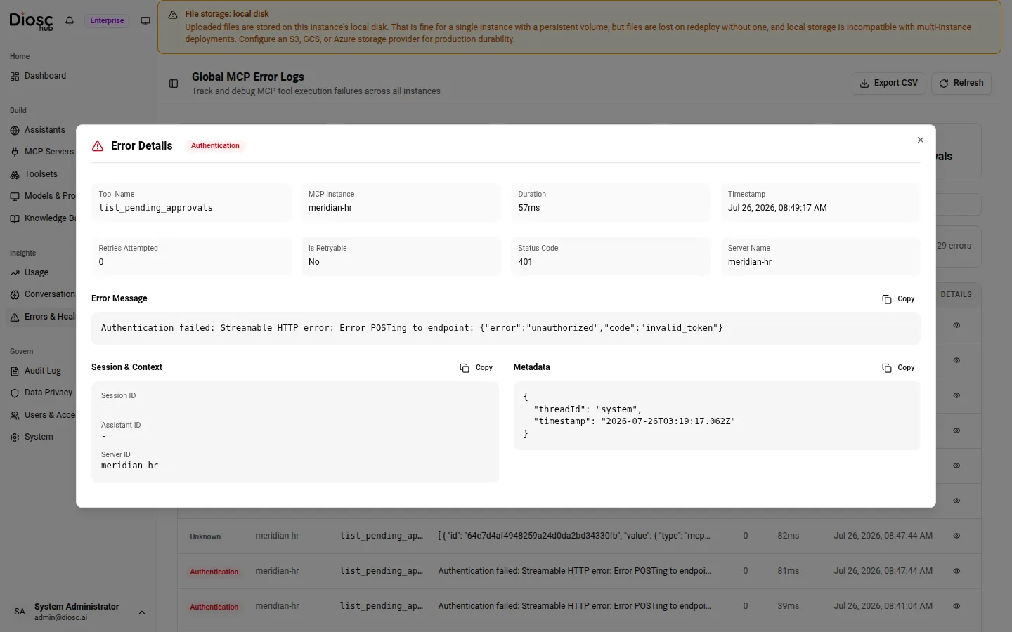 The Error Details modal for one failure: tool, instance, duration, status code, retryability, the full error message, and session/metadata context.